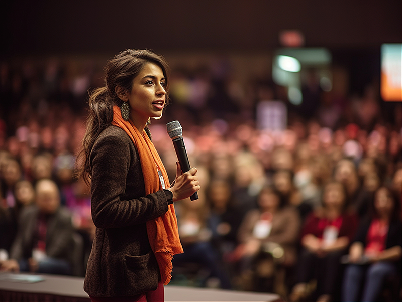 Woman speaking in front of an audience